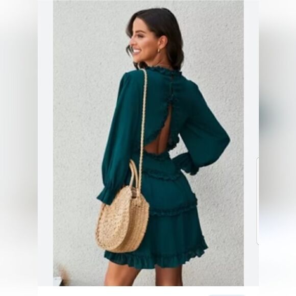 MEDIUM Green Ruffle Open Back Long Sleeve Dress BOHO NWOT - Picture 2 of 14